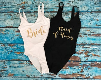 Bride Bathing Suits. Honeymoon Swimwear. Swimsuit. Bridesmaid Gift. Bride Wedding Gift. Maid of Honor. Bachelorette Swim.