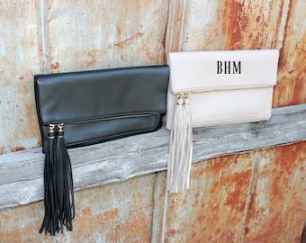 Monogrammed - Fold Over Clutch Cross Body Purse - Long Tassel Accent