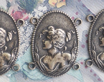 Three connectors for bracelets with Victorian Lady, Brass Ox