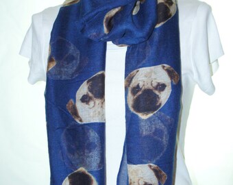 Navy pug dog print scarf, Beach Wrap, Cowl Scarf, pug print scarf, cotton scarf, gifts for her