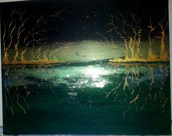 night sky and the lake oil painting on board