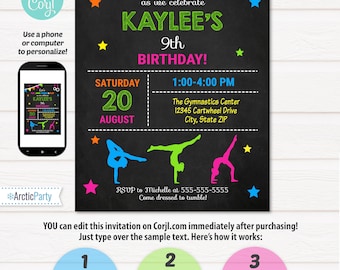 Gymnastic Invitations - Gymnastics Birthday Invitation - Gymnastics Party Invitation - Gymnastics Invite - Edit NOW using at Corjl