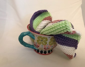 Purple/Green/White/Salmon cotton washcloth