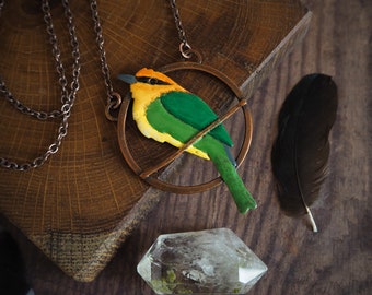 Bee-eater pendant, nature inspired bird necklace, egzotic green bird, modern necklace for nature lover, colorful jewelry, gift for her