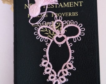 SOFT Pink Angel Tatted Lace Bookmark with Tassel Handmade Tatting
