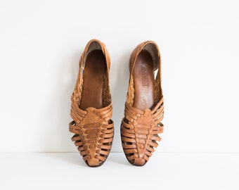 Vintage Brown Leather Huarache Shoes // Woven Leather // Eddie Bauer Classic Woven Shoes // Size 8.5