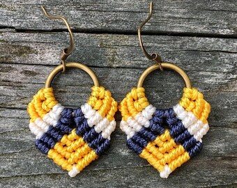SALE Micro-Macrame Dangle Earrings - Yellow, White and Navy