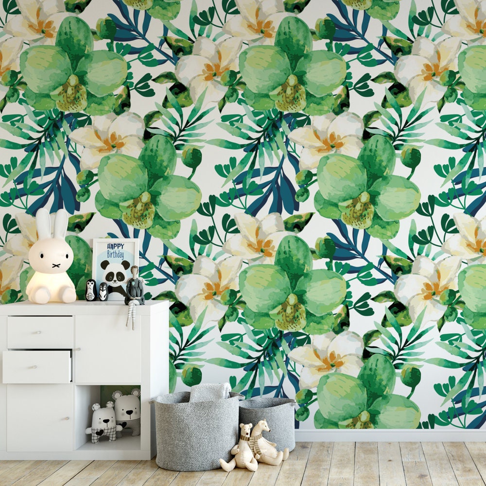 Watercolor green floral removable wallpaper / cute self