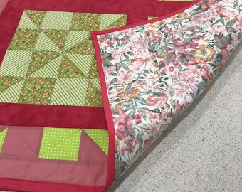 HANDMADE QUILT, Hot Pink and Green Baby Quilt for Crib or Play mat