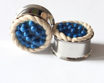 écarteurs tarte aux bleuets, oreilles stretch, plugs tarte, fast food, bijoux d'oreilles, gourmand,