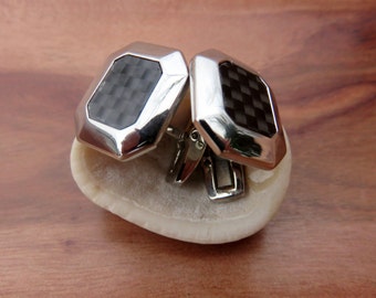 Vintage Silver Toned Mid Century Modern Black Geometric Cufflinks Cuff Links