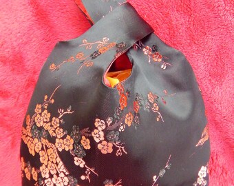 Japanese Knot Bag, Black Evening Bag, Evening Bag, Japanese Brocade, Red Cherry Blossom, Red Satin Lining