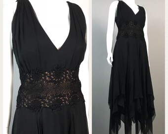 RARE Vintage 1970s TRAVILLA Black Sleeveless Handkerchief Hem Party Dress / Medium / 70s Low Cut Designer Embroidered Floral Dress