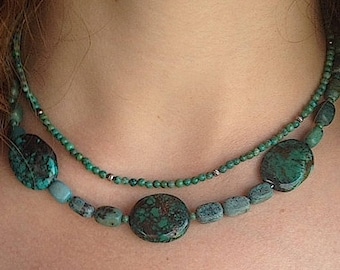 Spider's Web 2 Strand Spider Web Turquoise and Chrysocolla with Sterling SIlver Clasp 2 Strand 16 Inch Necklace