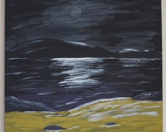 Acrylic painting, Seascape, Moon, Night sky