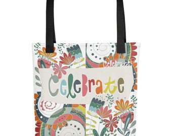 Celebrate tote bag. Fall, holidays, seasonal, Thanksgiving, Birthday, shopping bag.
