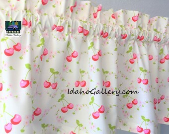 Cherry Kitchen Curtain Kitsch Retro Curtain Pink Red Cherries Sweet Little Cherry Valance Window Treatment by Idaho Gallery