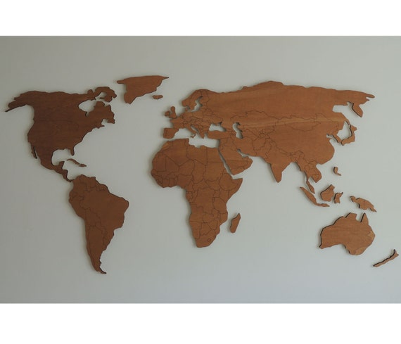 3d wooden world map XL with engraved land borders floating on