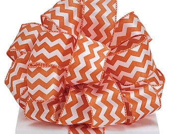 2.5" Orange White Chevron Wired Ribbon Texas Wreath 5 YARDS