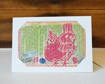 Postcard or Card 2-in-1 Cheeky Chook Small Mixed Media Art Chicken Print on Vintage book Upcycled wall art