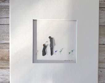Parent and child Pebble Art, Minimal Art, Original Art by Sharon Nowlan, pebble art comes matted or framed in 12 by 12 frame.
