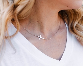 Sideways Cross Necklace Dainty Cross Necklace Baptism Christian Jewelry Christening Gift Sterling Silver 14k Gold Filled or Rose Gold Filled