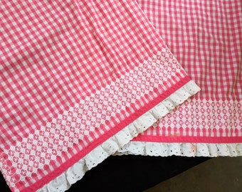 Pair of Pink and White Gingham Pillowcases with Chicken Scratch Embroidery and Eyelet Trim