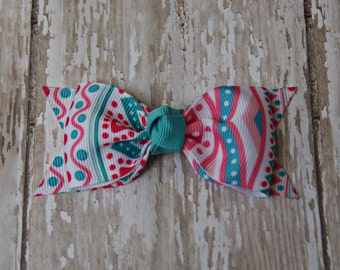 Coral and Aqua Tuxedo Style Toddler Hair Bow 3 Inch Alligator Clip Baby Hairbow Tuxedo Bow Coral and Aqua Hair Bow