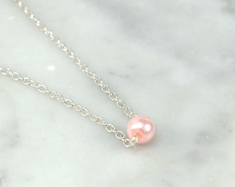 Single Pearl Necklace, Floating Pearl Necklace, Wedding Jewelry, Silver Necklace, Wedding Necklace, Bridesmaid Gift, Flower Girl Gift, Blush