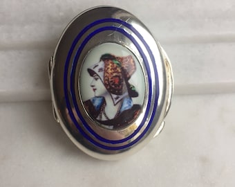 Vintage Doskow Sterling Silver Enamelled Locket Box Italian