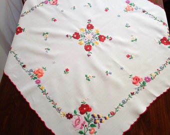 Hand embroidered vintage square tablecloth, table linen ornament. Hungarian, Kalocsa-style embroidery