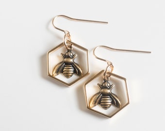 Bee Earrings - Hexagon Earrings - Bee Jewelry - Hexagon Earrings - Geometric Earrings - Sacred Geometry - Honey Bee - Bee Charm - Bumble Bee
