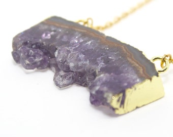 Raw Amethyst Pendant, Amethyst Slice Necklace, Natural Amethyst Jewelry, Raw Crystal Jewelry, Purple Gemstone Necklace, Purple Necklace