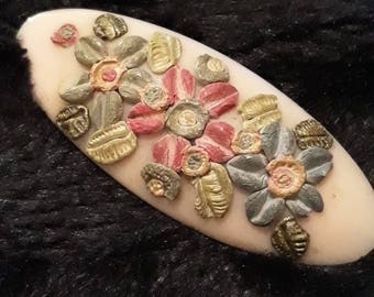 Vintage Celluloid Brooch With Ceramic Floral Design