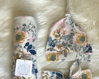 Posy Swaddle Set, Floral Swaddle Set, Baby Girl Set, Top Knot Headband, Top Knot Hat