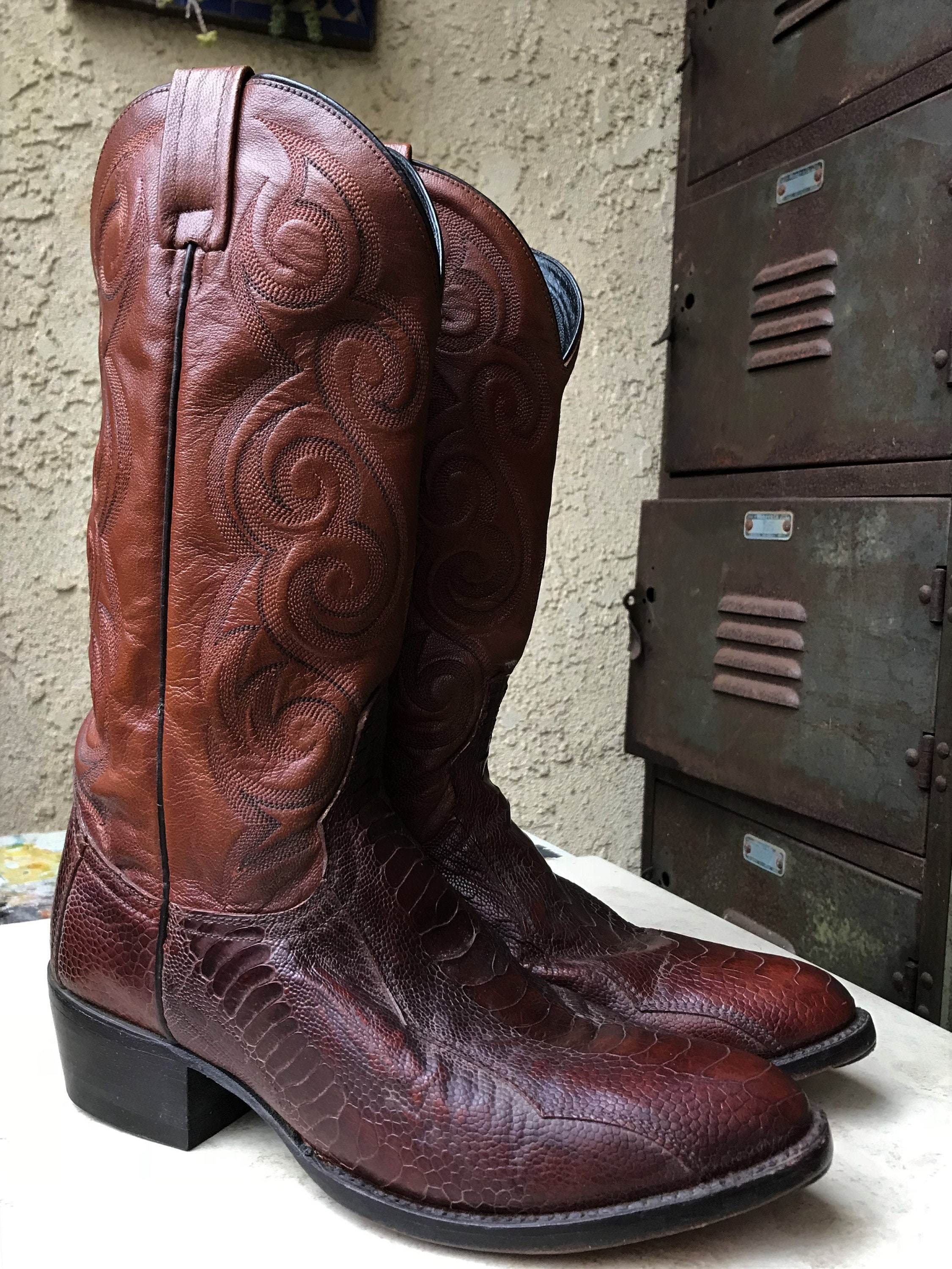 DAN POST Ostrich Leg Mens Leather Boots 8.5 D Cognac Brown