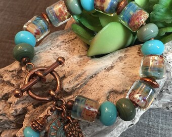 MOSSY CREEK, artisan lampwork and copper bracelet