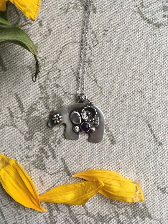 Grandmother Zuni Bear, Amethyst and Rise Quartz Bear Necklace, Handcrafted, Sterling Silver