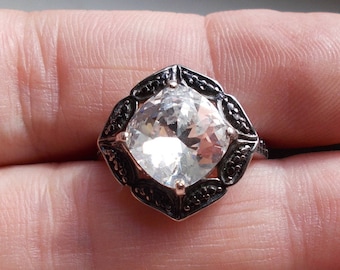 Solid sterling silver paste glass oxidized Victorian style ring size 7 and 1/2