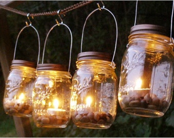 Four Ball Mason Jar Clear Lantern Candle Hanging Vase Outdoor Lighting Patio Decor Rustic Wedding Gift