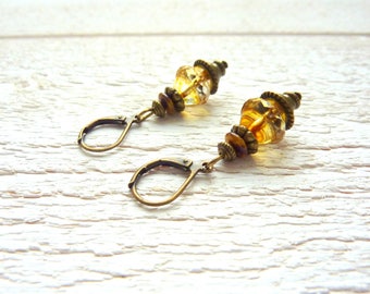 Earrings bronzes, and champagne Czech glass beads, vintage style.