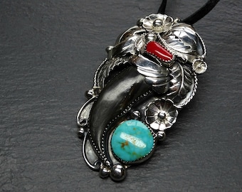 vintage Navajo silver pendant, large bear claw pendant turquoise, big pendant mens leather necklace, turquoise coral pendant Native American