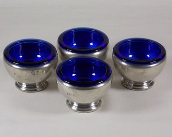 1920's Mayflower Pewter Salt Cellar with Cobalt Blue Glass Insert #3273 by The Weidlich Bros MFG CO, Set of Four, Silverplate Trademark - U