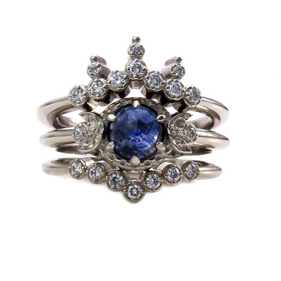 Sapphire Moon Child Engagement Ring Set - Stacking Diamond Wedding Bands