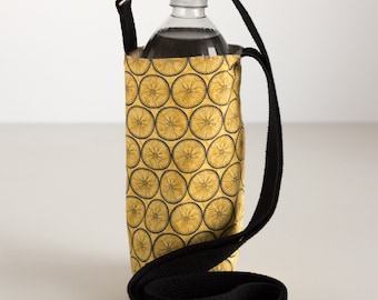 Yellow Water Bottle Sling, Yellow Wheels Water Bottle Holder, Crossbody, Yellow, Black, and Gray Cotton Fabrics, Handmade