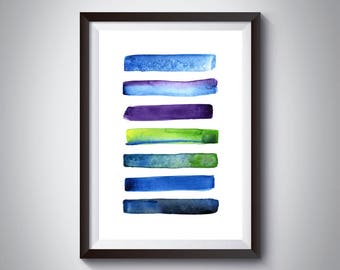 Modern Abstract Wall Art, Watercolor Painting, Minimalist Brush Strokes, Large Blue Green Wall Art Print, Contemporary Art