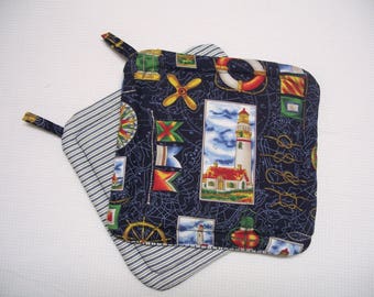 Nautical, Sailing, Sea Side, Pot Holders, Set of 2, Hot Pads, Trivets, Insulated Potholders, Blue