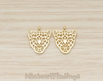PDT1369-MG // Matte Gold Plated Leopard Mask Pendant, 2 Pc