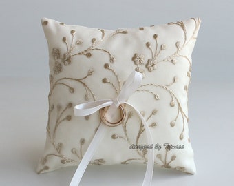 Ivory with beige embroidered branches -wedding ring bearer pillow-ring bearer, ring cushion, ready to ship