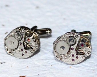 Steampunk Cufflinks -Matching Damaskeening Silver Vintage Swiss Watch Movement Men Steampunk Cufflinks Cuff Links Men Wedding Gift